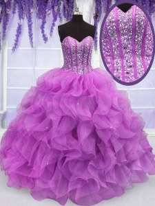 Clearance Organza Sweetheart Sleeveless Lace Up Beading and Ruffles Quinceanera Dress in Lilac