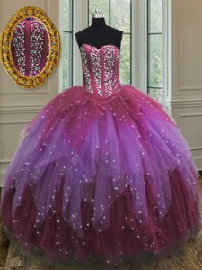 Comfortable Multi-color Ball Gowns Tulle Sweetheart Sleeveless Beading and Ruffles and Sequins Floor Length Lace Up Quince Ball Gowns