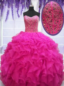 Ball Gowns Quinceanera Dresses Fuchsia Sweetheart Organza Sleeveless Floor Length Lace Up