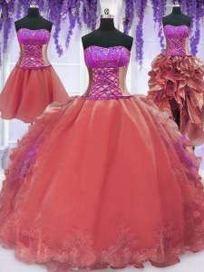 Elegant Four Piece Watermelon Red Quinceanera Dresses Military Ball and Sweet 16 and Quinceanera and For with Embroidery and Ruffles Strapless Sleeveless Lace Up