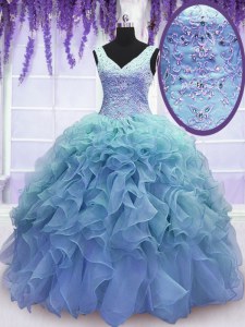 Ideal Blue Quinceanera Dresses Military Ball and Sweet 16 and Quinceanera and For with Beading and Embroidery and Ruffles V-neck Sleeveless Lace Up