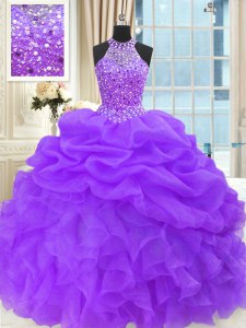 Captivating Purple Ball Gowns Beading and Pick Ups Quinceanera Gown Lace Up Organza Sleeveless Floor Length