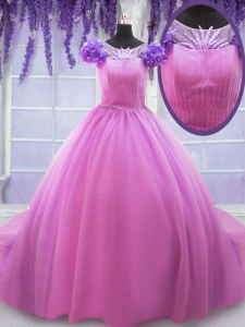 Rose Pink Ball Gowns Tulle Scoop Short Sleeves Hand Made Flower Floor Length Lace Up Quinceanera Dresses