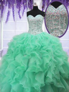 Apple Green Sweetheart Lace Up Ruffles and Sequins 15th Birthday Dress Sleeveless