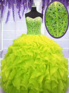 Sexy Yellow Green Ball Gowns Sweetheart Sleeveless Organza Floor Length Lace Up Beading and Ruffles Quinceanera Dresses