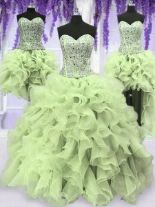 Graceful Four Piece Sequins Floor Length Yellow Green Quinceanera Dresses Sweetheart Sleeveless Lace Up