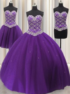 Admirable Three Piece Sequins Eggplant Purple Sleeveless Tulle Lace Up Vestidos de Quinceanera for Military Ball and Sweet 16 and Quinceanera