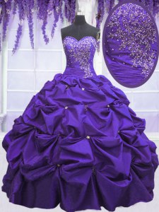 Floor Length Lace Up Ball Gown Prom Dress Purple for Military Ball and Sweet 16 and Quinceanera with Beading and Pick Ups