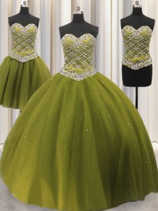 Three Piece Olive Green Tulle Lace Up Quince Ball Gowns Sleeveless Floor Length Beading and Sequins