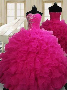 Custom Designed Sweetheart Sleeveless Quinceanera Gowns Floor Length Beading Hot Pink Organza