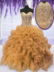 Flare Gold Ball Gowns Sweetheart Sleeveless Organza Floor Length Lace Up Beading and Ruffles Vestidos de Quinceanera