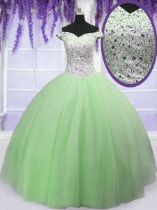Floor Length Apple Green Sweet 16 Dress Off The Shoulder Short Sleeves Lace Up
