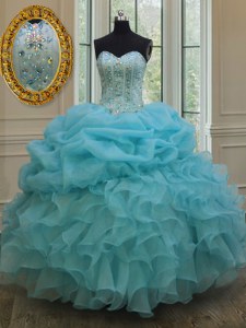 Adorable Baby Blue Sleeveless Beading and Pick Ups Floor Length Quinceanera Gowns