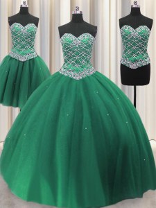 Suitable Three Piece Green Lace Up Ball Gown Prom Dress Beading and Ruffles Sleeveless Floor Length