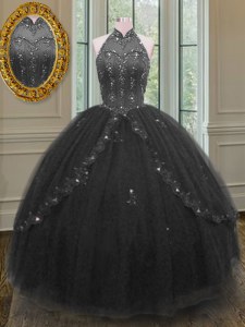 Black Ball Gowns Beading and Appliques Quinceanera Gown Lace Up Tulle Sleeveless Floor Length