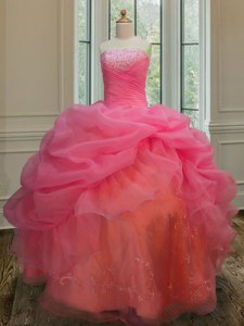Pick Ups Ball Gowns Quinceanera Dress Pink Strapless Organza Sleeveless Floor Length Lace Up