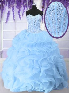 Light Blue Ball Gowns Sweetheart Sleeveless Organza Floor Length Lace Up Beading and Ruffles 15th Birthday Dress
