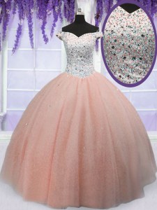 Cheap Peach Ball Gowns Tulle Off The Shoulder Short Sleeves Beading Floor Length Lace Up 15 Quinceanera Dress