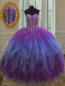 Amazing Multi-color Lace Up Sweetheart Beading and Ruffles and Sequins Sweet 16 Dresses Tulle Sleeveless