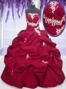 Dazzling Fuchsia Taffeta Lace Up Strapless Sleeveless Floor Length Ball Gown Prom Dress Appliques and Pick Ups