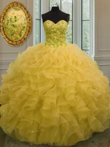 Latest Sweetheart Sleeveless Organza Vestidos de Quinceanera Beading and Ruffles Lace Up