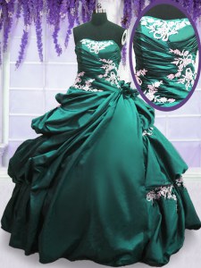 Most Popular Strapless Sleeveless Sweet 16 Dresses Floor Length Appliques and Pick Ups Turquoise Taffeta