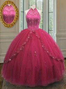 Glamorous Halter Top Tulle Sleeveless Floor Length Quinceanera Dresses and Beading and Appliques