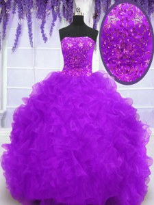 Attractive Eggplant Purple Lace Up Strapless Beading and Appliques and Ruffles Ball Gown Prom Dress Organza Sleeveless Brush Train