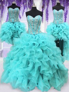 Four Piece Aqua Blue Organza Lace Up Sweet 16 Quinceanera Dress Sleeveless Floor Length Ruffles and Sequins
