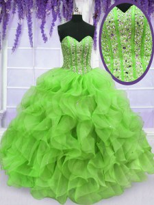 Custom Fit Organza Lace Up Sweetheart Sleeveless Floor Length Quinceanera Gowns Ruffles and Sequins