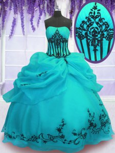 Ideal Strapless Sleeveless Quince Ball Gowns Floor Length Embroidery Turquoise Organza