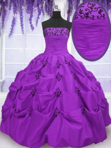 Eggplant Purple Ball Gowns Strapless Sleeveless Taffeta Floor Length Lace Up Embroidery and Pick Ups Quince Ball Gowns