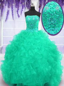 Discount Turquoise Strapless Neckline Beading and Appliques and Ruffles Ball Gown Prom Dress Sleeveless Lace Up
