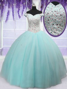 Customized Off the Shoulder Tulle Short Sleeves Floor Length Sweet 16 Quinceanera Dress and Beading