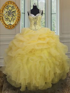Straps Sleeveless Floor Length Beading and Ruffles Zipper Quinceanera Gown with Light Yellow