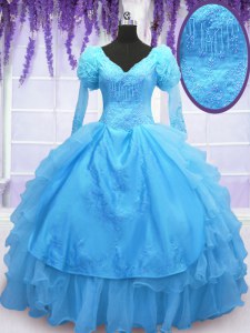 V-neck Long Sleeves Ball Gown Prom Dress Floor Length Beading and Embroidery and Hand Made Flower Baby Blue Organza