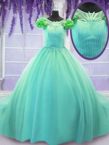 Classical Turquoise Ball Gowns Tulle Scoop Short Sleeves Hand Made Flower Lace Up Quinceanera Gowns Court Train