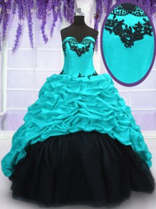 Beautiful Taffeta Sweetheart Sleeveless Sweep Train Lace Up Appliques and Pick Ups 15th Birthday Dress in Aqua Blue