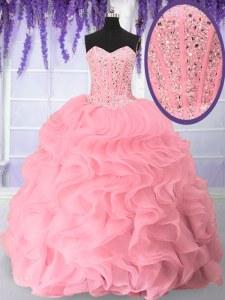 Eye-catching Beading and Ruffles Quinceanera Dress Pink Lace Up Sleeveless Floor Length