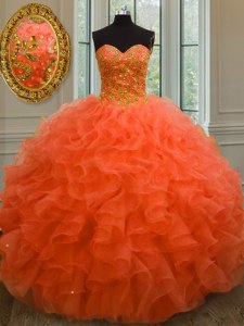 Enchanting Organza Sweetheart Sleeveless Lace Up Beading and Ruffles Quinceanera Gown in Orange Red