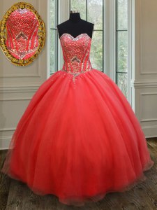 Sweetheart Sleeveless Quince Ball Gowns Floor Length Beading Coral Red Organza