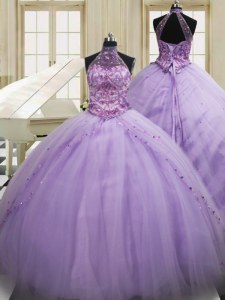 Charming Lavender Ball Gowns Tulle Halter Top Sleeveless Beading and Embroidery Lace Up Quinceanera Dresses Sweep Train