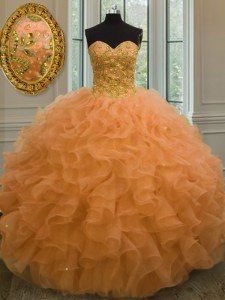 Orange Sleeveless Floor Length Beading and Ruffles Lace Up Quinceanera Dress