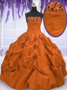 Sumptuous Taffeta Strapless Sleeveless Lace Up Embroidery and Pick Ups Sweet 16 Quinceanera Dress in Orange Red