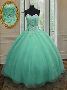 Apple Green Organza Lace Up 15 Quinceanera Dress Sleeveless Floor Length Beading
