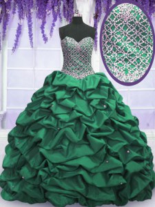 Sumptuous Dark Green Ball Gowns Beading and Sequins and Pick Ups 15th Birthday Dress Lace Up Taffeta Sleeveless Floor Length