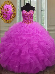 Shining Ball Gowns Quinceanera Gowns Fuchsia Sweetheart Organza Sleeveless Floor Length Lace Up