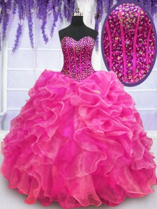 Hot Pink Lace Up 15 Quinceanera Dress Beading and Ruffles Sleeveless Floor Length