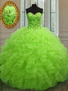 Yellow Green Ball Gowns Sweetheart Sleeveless Organza Floor Length Lace Up Beading and Ruffles Quinceanera Dress