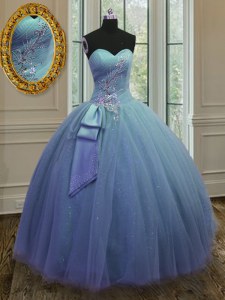Unique Floor Length Blue Sweet 16 Quinceanera Dress Tulle and Sequined Sleeveless Beading and Ruching